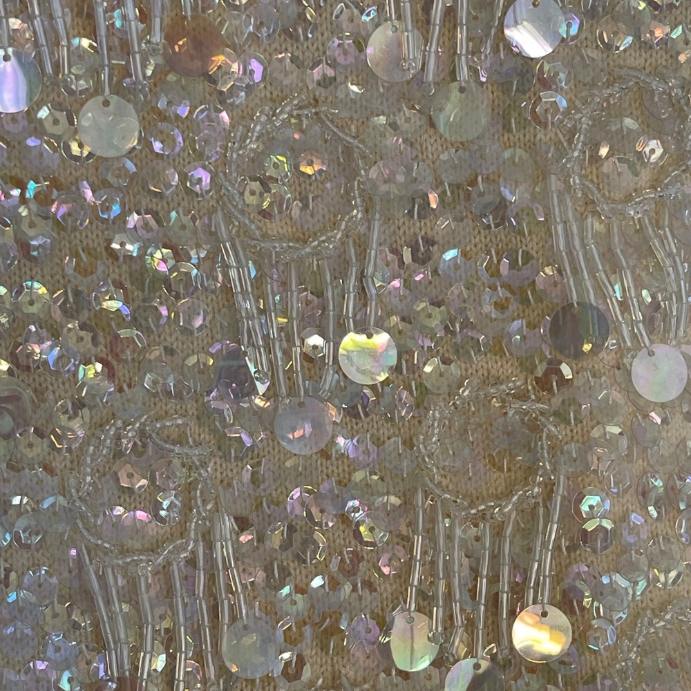 Vintage Wool Sequin Beaded Fringe Top Cream Iridescent Small Flapper Gatsby - Picture 5 of 7